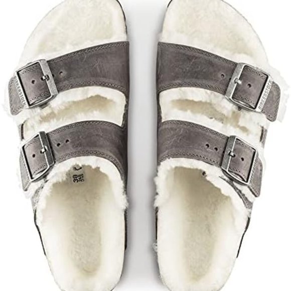 NWB! Birkenstock Men's Arizona Shearling Sandals, Iron/Natural, Grey, Tan,  8 US - Picture 4 of 9